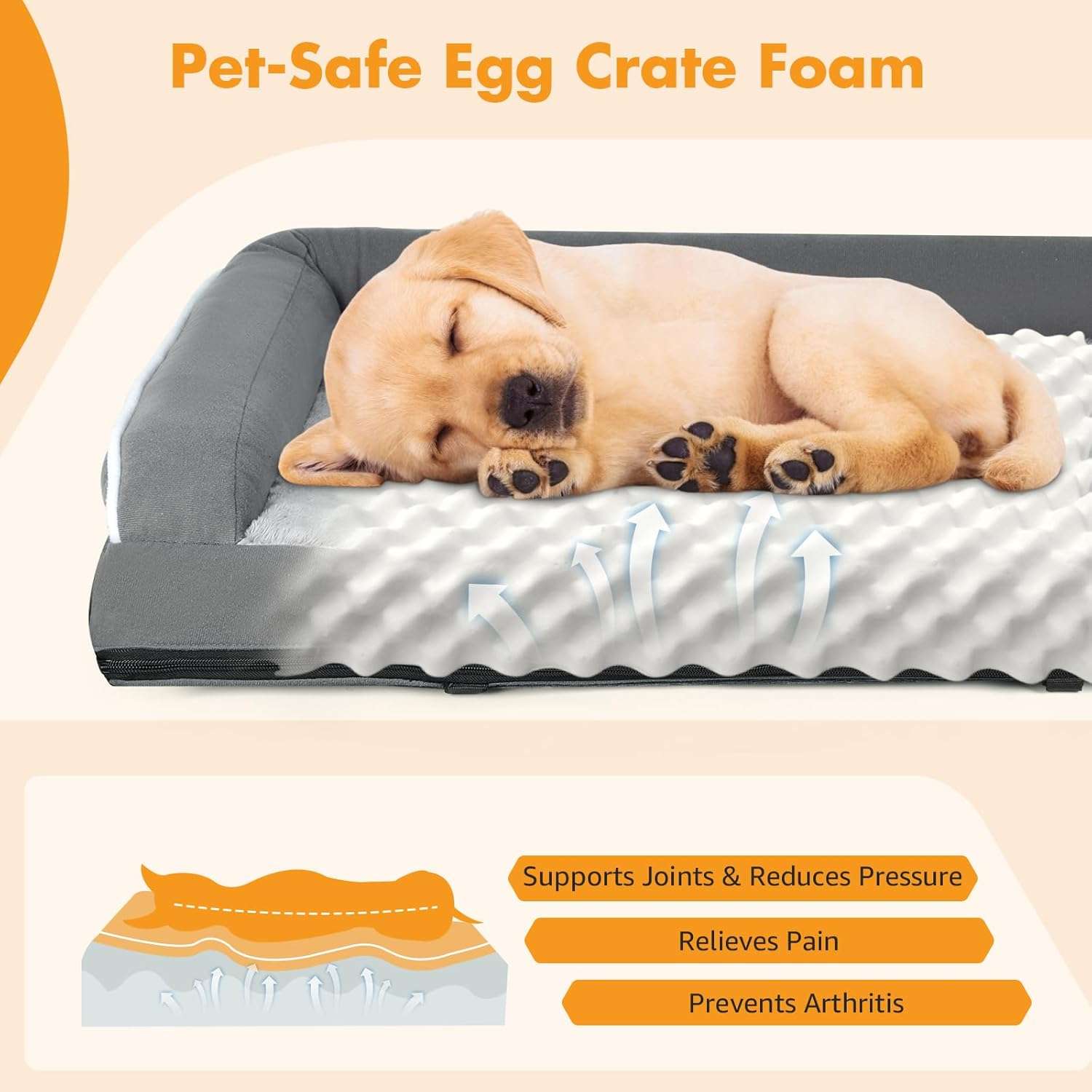 Cama elevada ortopédica 2 en 1 para perro (82x68x24cm). Marco metálico, cojín de espuma Egg Crate extraíble, uso Invierno/Verano.