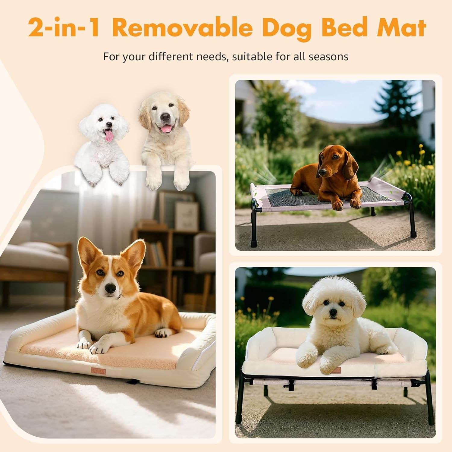 Cama elevada ortopédica 2 en 1 para perro (82x68x24cm). Marco metálico, cojín de espuma Egg Crate extraíble, uso Invierno/Verano.