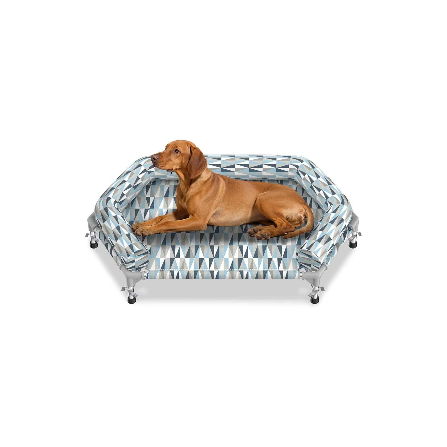 Cama elevada ortopédica para perros con refuerzo cervical U y diseño hexagonal 6 lados. Ideal para perros senior/artritis en Chile.