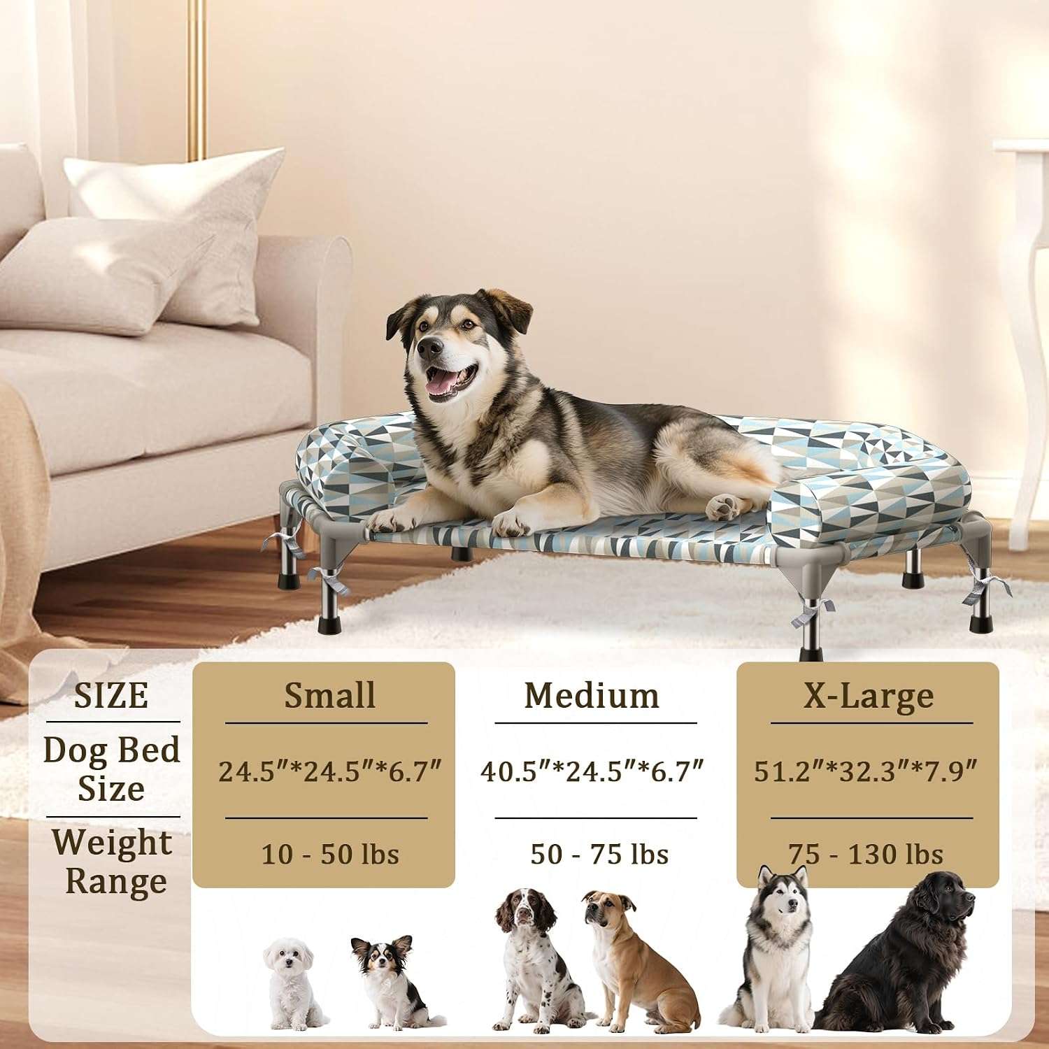 Cama elevada ortopédica para perros con refuerzo cervical U y diseño hexagonal 6 lados. Ideal para perros senior/artritis en Chile.