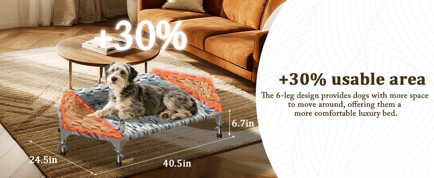 Cama elevada ortopédica para perros con refuerzo cervical U y diseño hexagonal 6 lados. Ideal para perros senior/artritis en Chile.