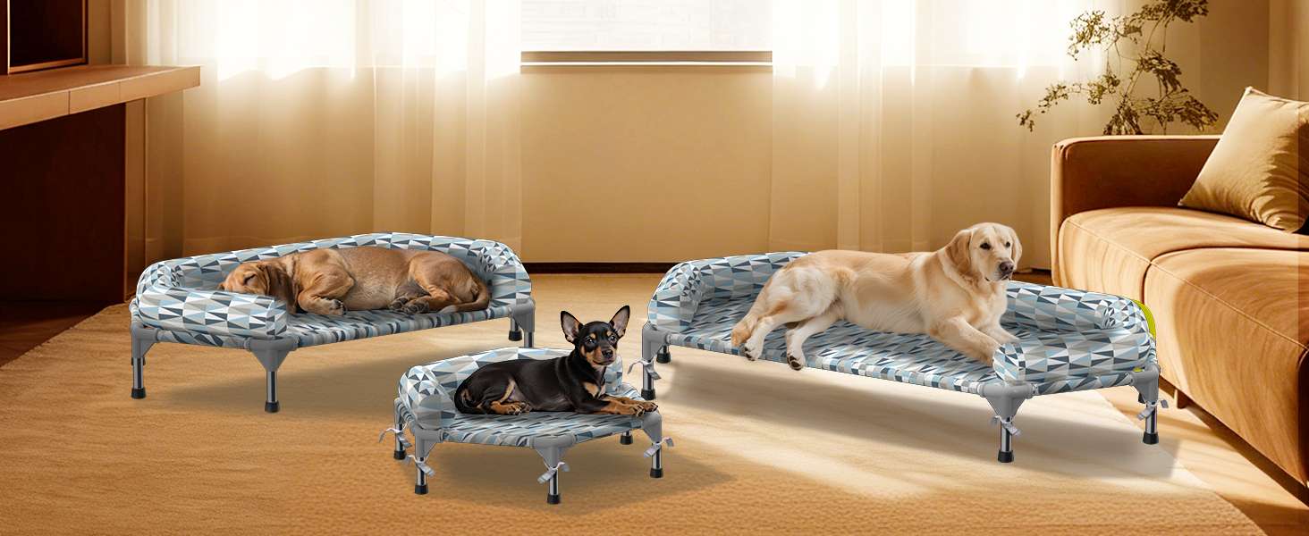 Cama elevada ortopédica para perros con refuerzo cervical U y diseño hexagonal 6 lados. Ideal para perros senior/artritis en Chile.