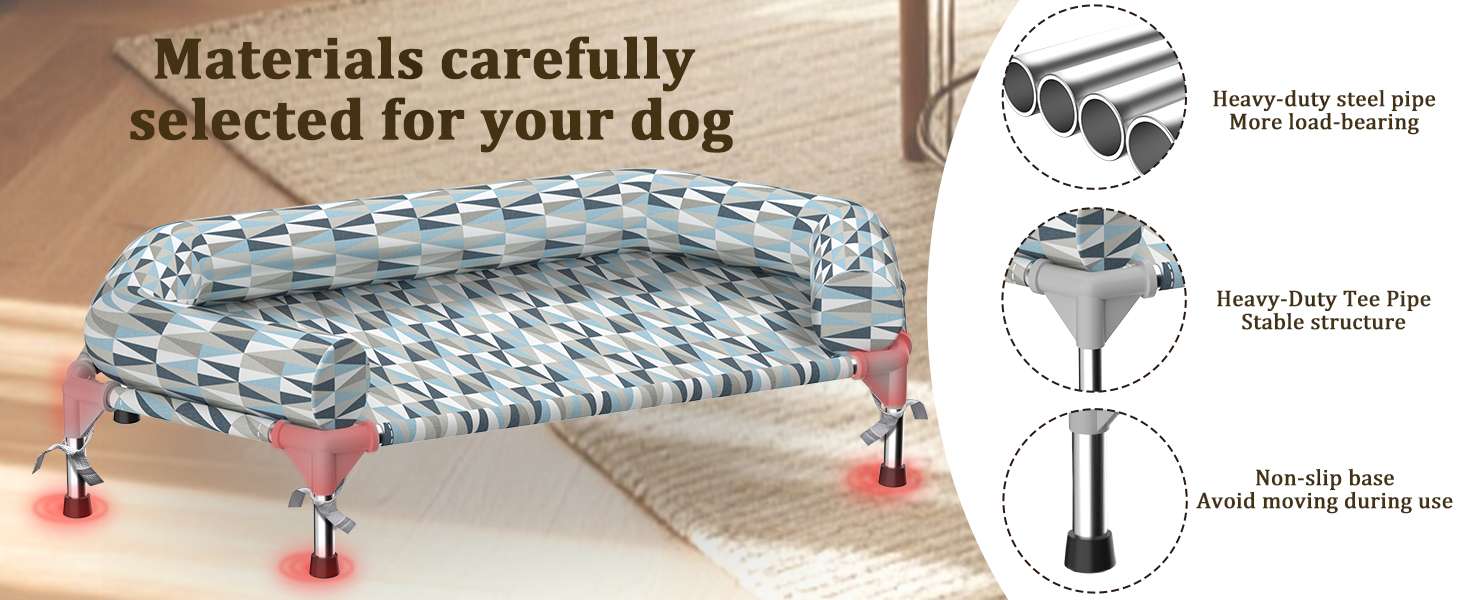Cama elevada ortopédica para perros con refuerzo cervical U y diseño hexagonal 6 lados. Ideal para perros senior/artritis en Chile.