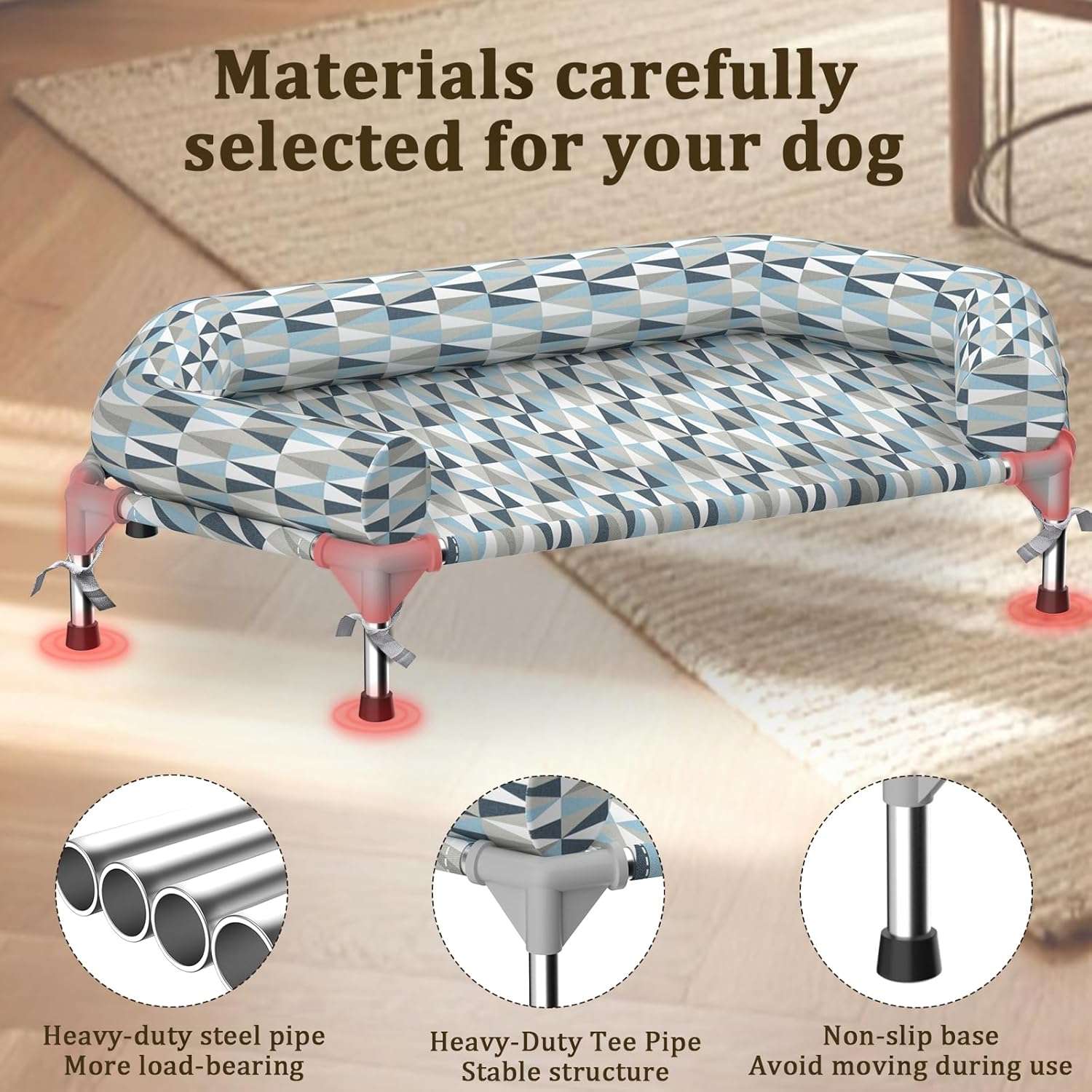 Cama elevada ortopédica para perros con refuerzo cervical U y diseño hexagonal 6 lados. Ideal para perros senior/artritis en Chile.