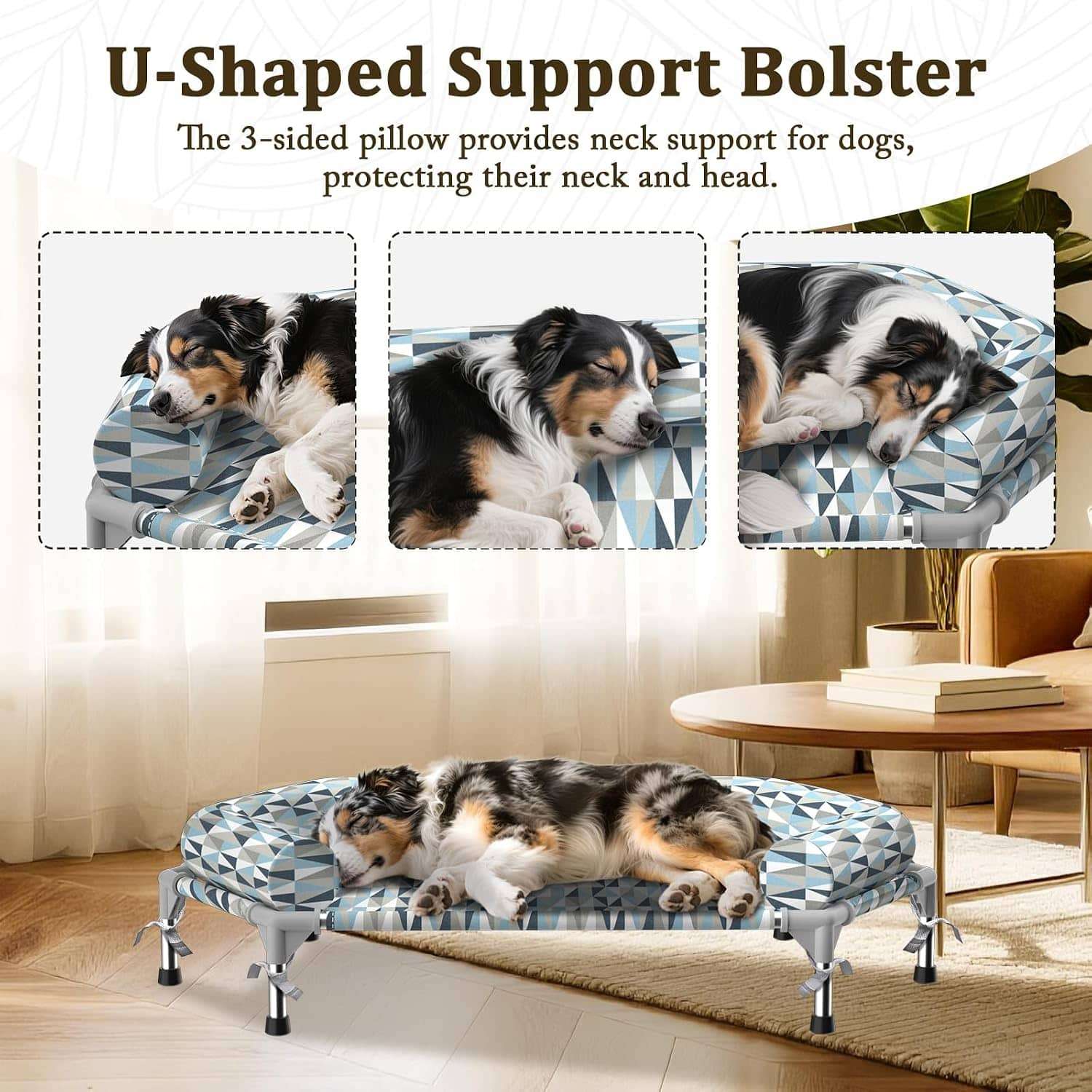 Cama elevada ortopédica para perros con refuerzo cervical U y diseño hexagonal 6 lados. Ideal para perros senior/artritis en Chile.