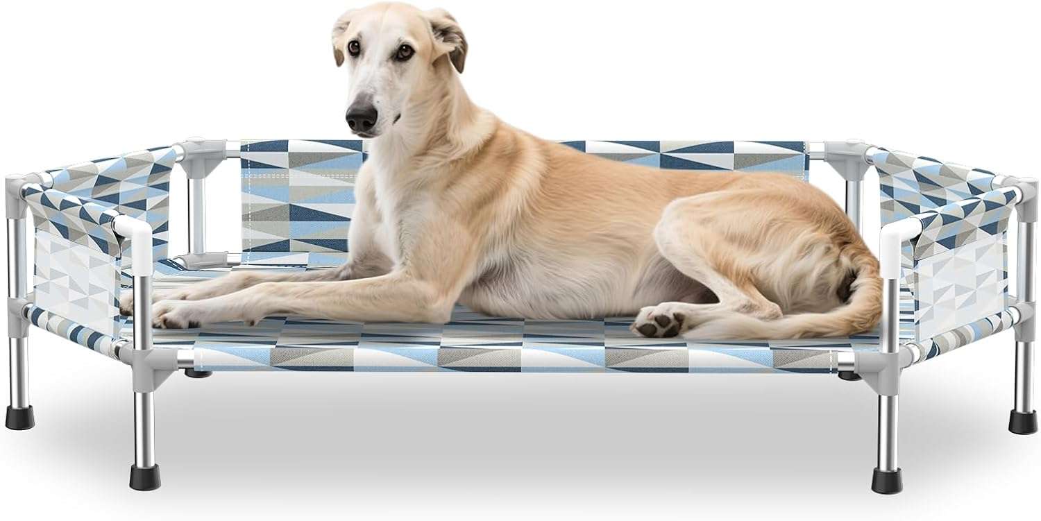 Cama elevada ortopédica para perros con refuerzo cervical U y diseño hexagonal 6 lados. Ideal para perros senior/artritis en Chile.