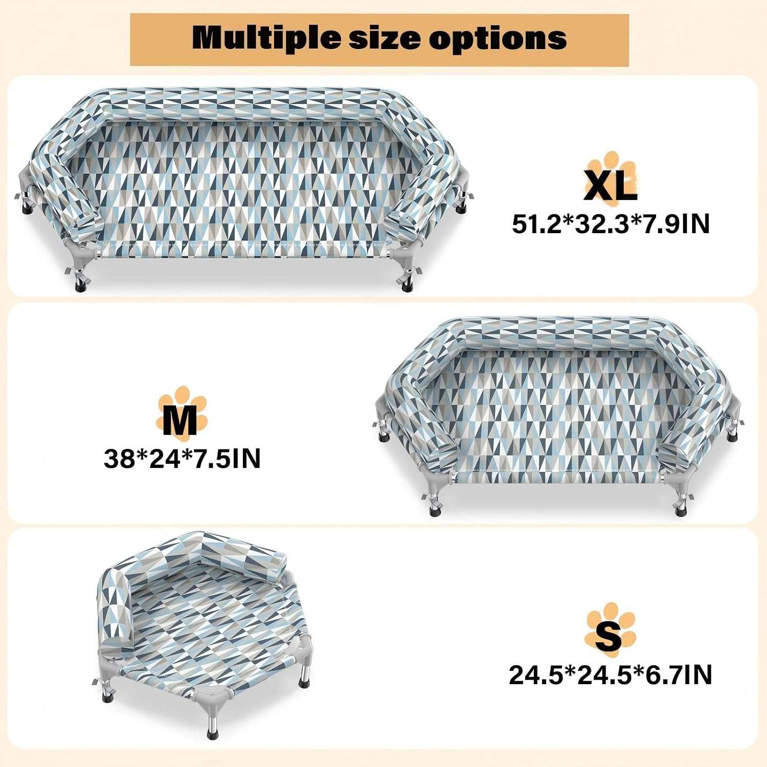 Cama elevada ortopédica para perros con refuerzo cervical U y diseño hexagonal 6 lados. Ideal para perros senior/artritis en Chile.