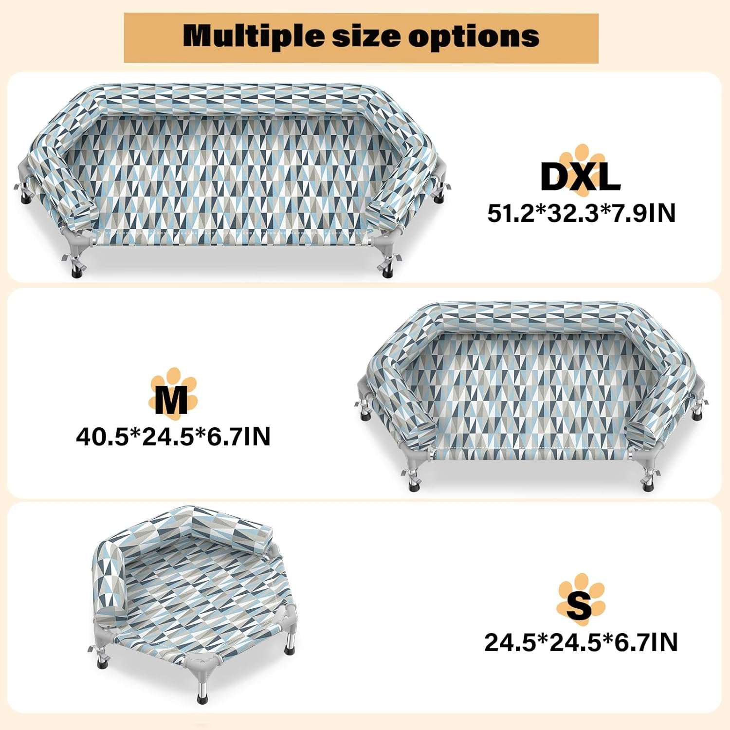 Cama elevada ortopédica para perros con refuerzo cervical U y diseño hexagonal 6 lados. Ideal para perros senior/artritis en Chile.
