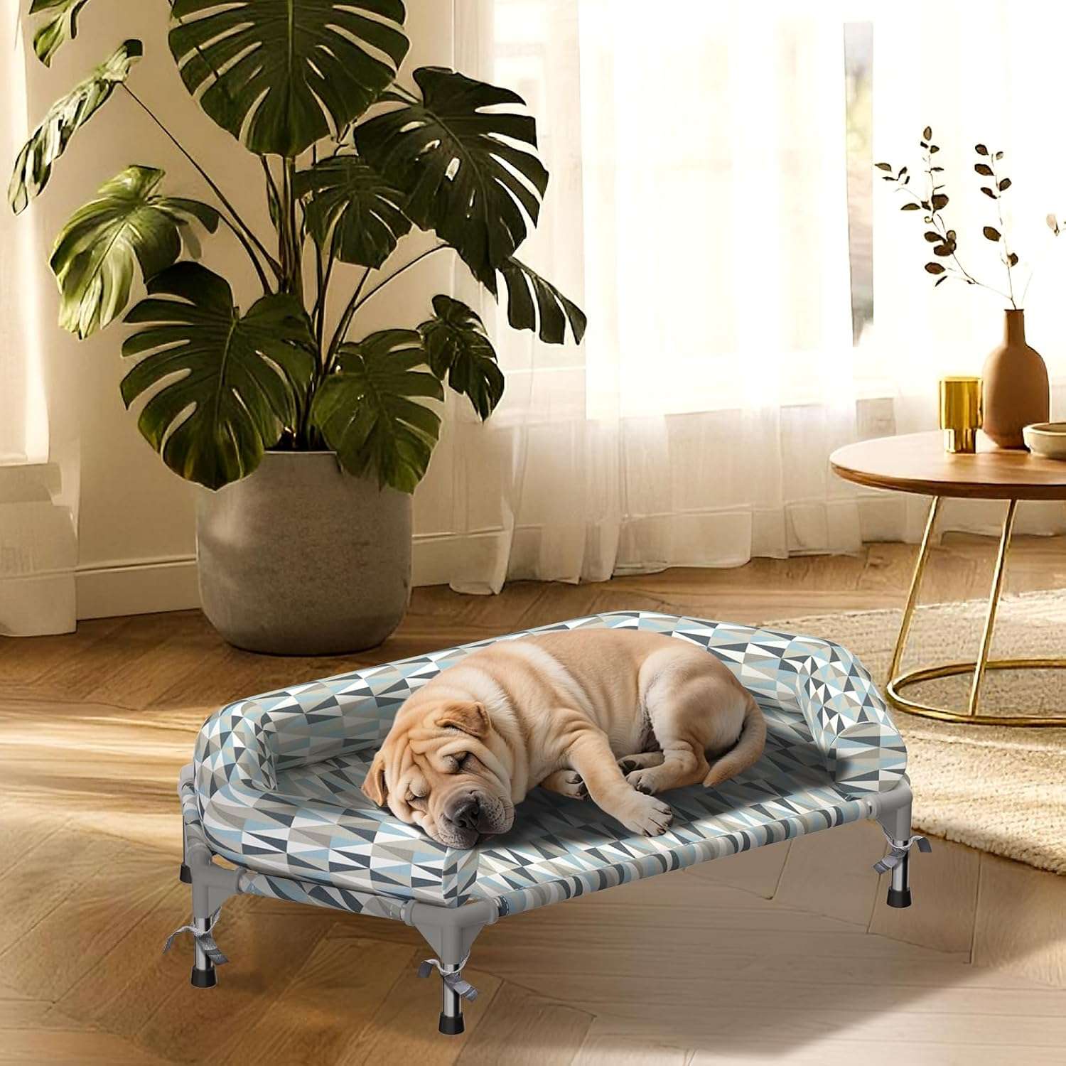 Cama elevada ortopédica para perros con refuerzo cervical U y diseño hexagonal 6 lados. Ideal para perros senior/artritis en Chile.