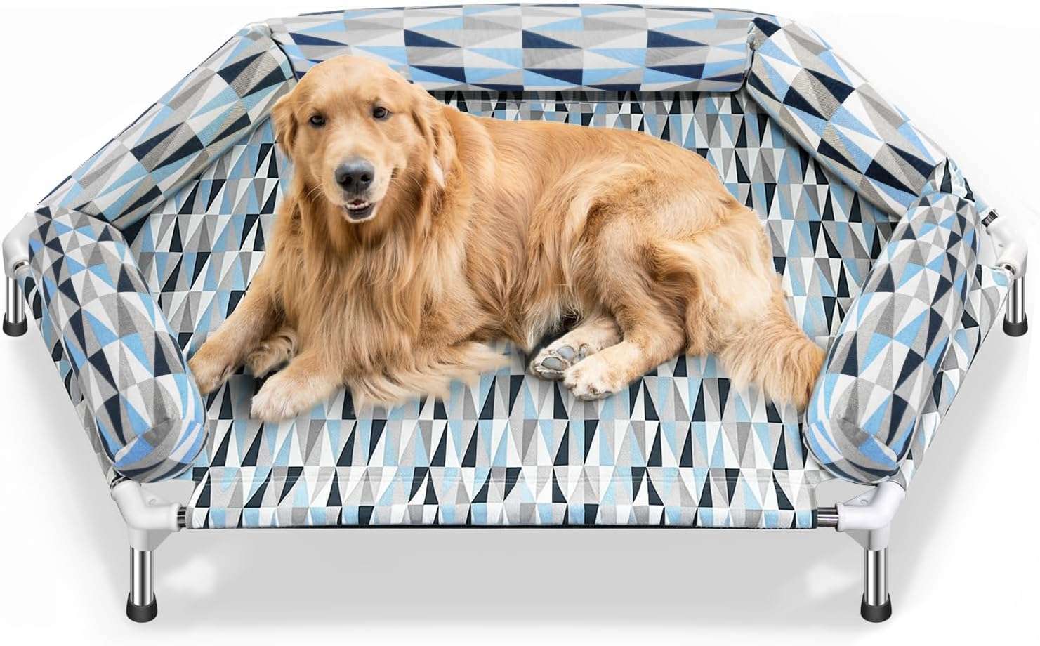 Cama elevada ortopédica para perros con refuerzo cervical U y diseño hexagonal 6 lados. Ideal para perros senior/artritis en Chile.