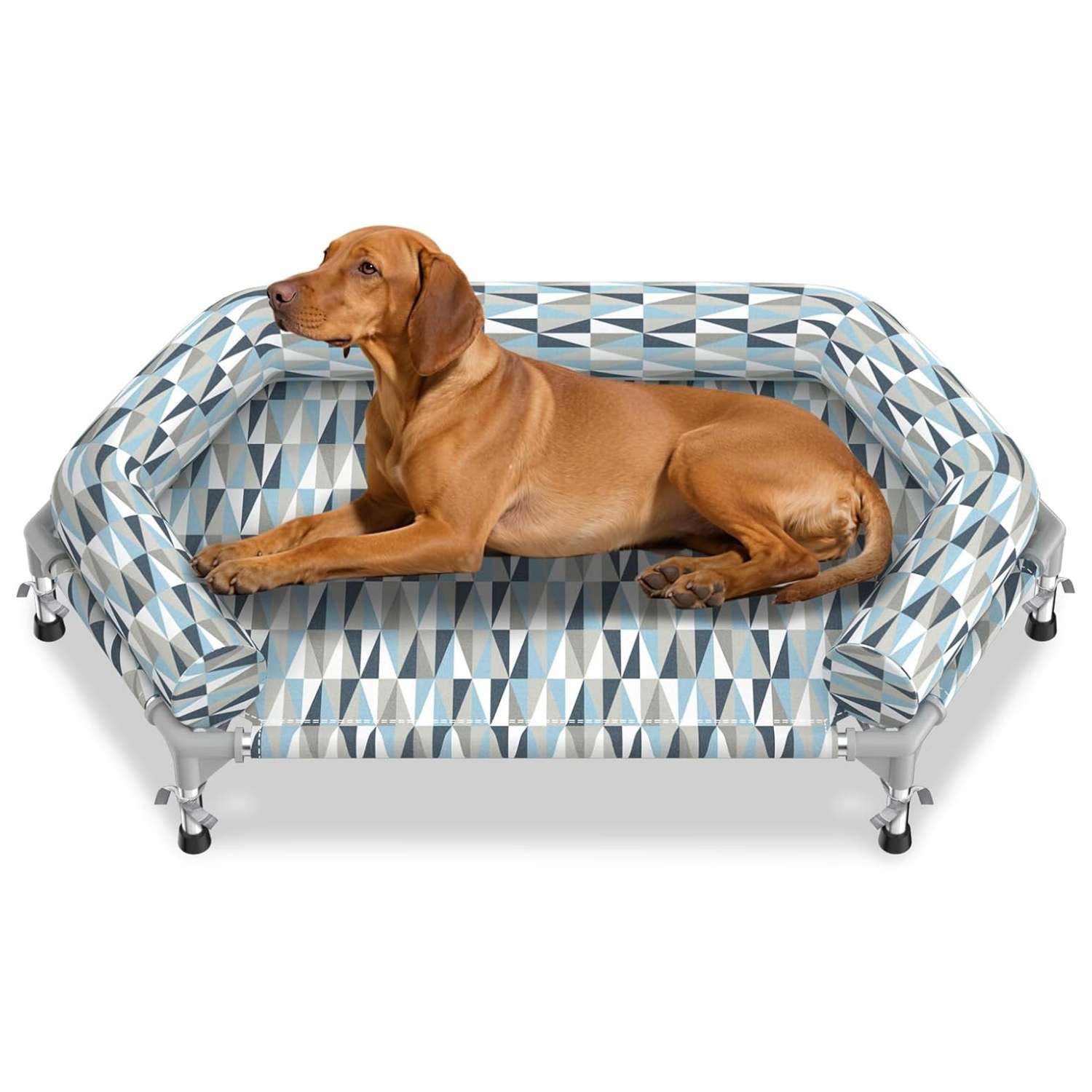 Cama elevada ortopédica para perros con refuerzo cervical U y diseño hexagonal 6 lados. Ideal para perros senior/artritis en Chile.