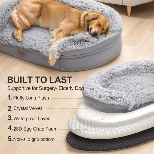 Cama ortopédica para perros pequeños/seniors anti-ansiedad. Espuma viscoelástica 9.4 cm (Memory Foam), forro impermeable y borde de apoyo semicircular.