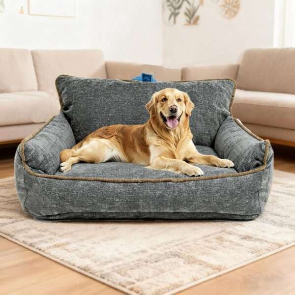 Cama ortopédica para perros grandes con espuma viscoelástica (Memory Foam), base antideslizante, y funda de chenilla lavable a máquina.