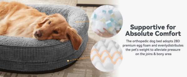 Cama ortopédica XL para perros con Memory Foam, soporte reforzado 360° para cabeza/cuello, forro interior impermeable y base antideslizante.