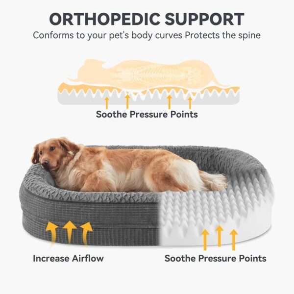 Cama ortopédica XL para perros con Memory Foam, soporte reforzado 360° para cabeza/cuello, forro interior impermeable y base antideslizante.