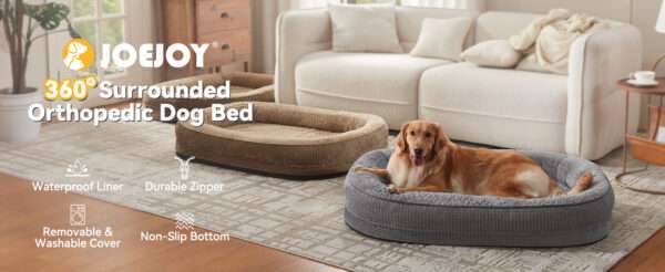 Cama ortopédica XL para perros con Memory Foam, soporte reforzado 360° para cabeza/cuello, forro interior impermeable y base antideslizante.