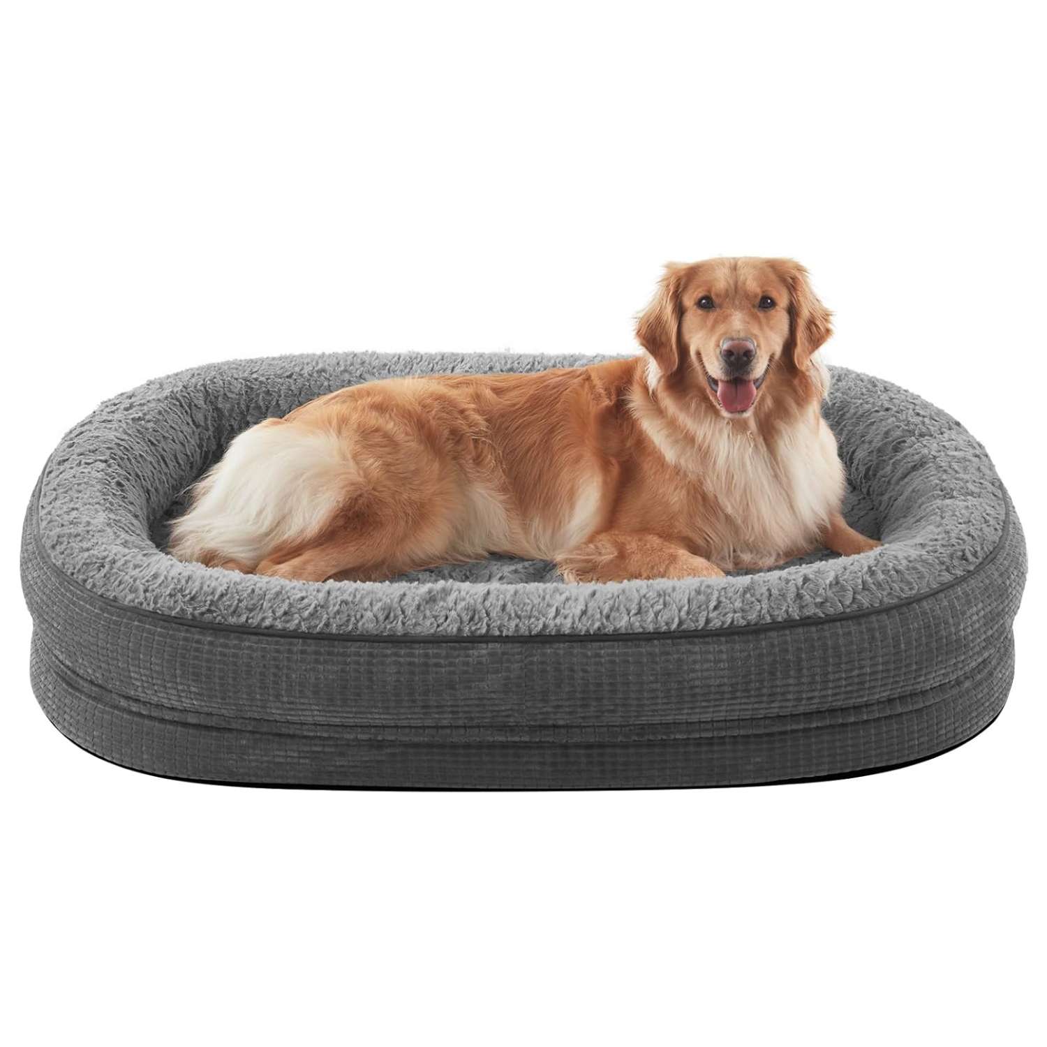 Cama ortopédica XL para perros con Memory Foam, soporte reforzado 360° para cabeza/cuello, forro interior impermeable y base antideslizante.