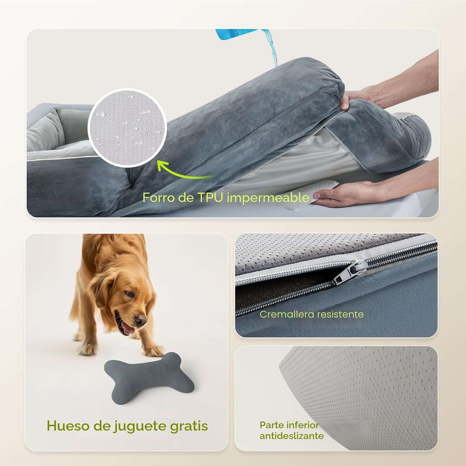 Cama extragrande CWAWZ con 4 pulgadas de espuma ortopédica y gel refrescante. Funda lavable y forro 100% impermeable.