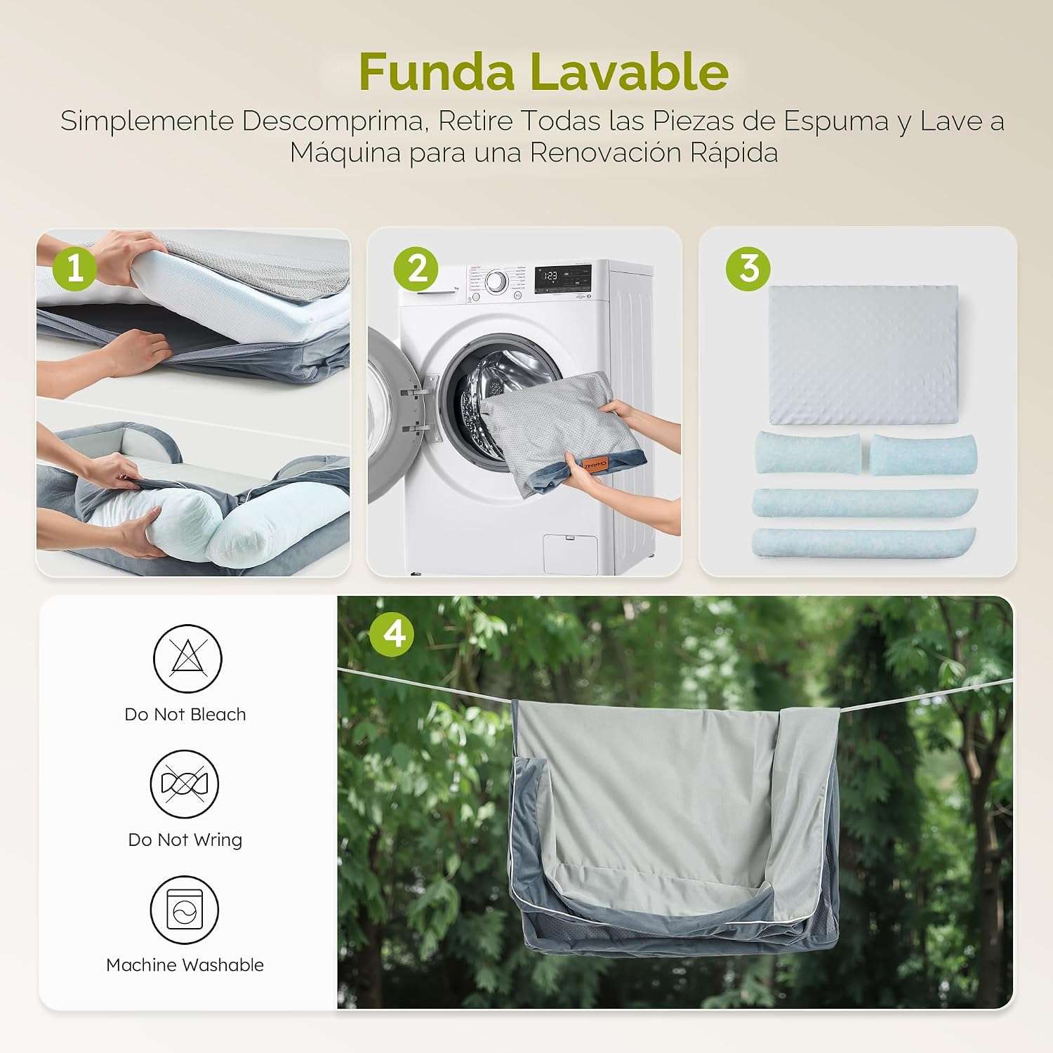 Cama extragrande CWAWZ con 4 pulgadas de espuma ortopédica y gel refrescante. Funda lavable y forro 100% impermeable.