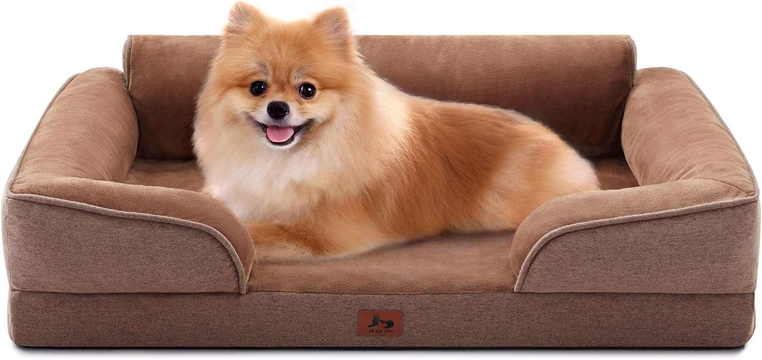 Cama sofá ortopédica para perros, con espuma de caja de huevos, tejido Sherpa impermeable y refuerzos de 4 lados para antiansiedad.