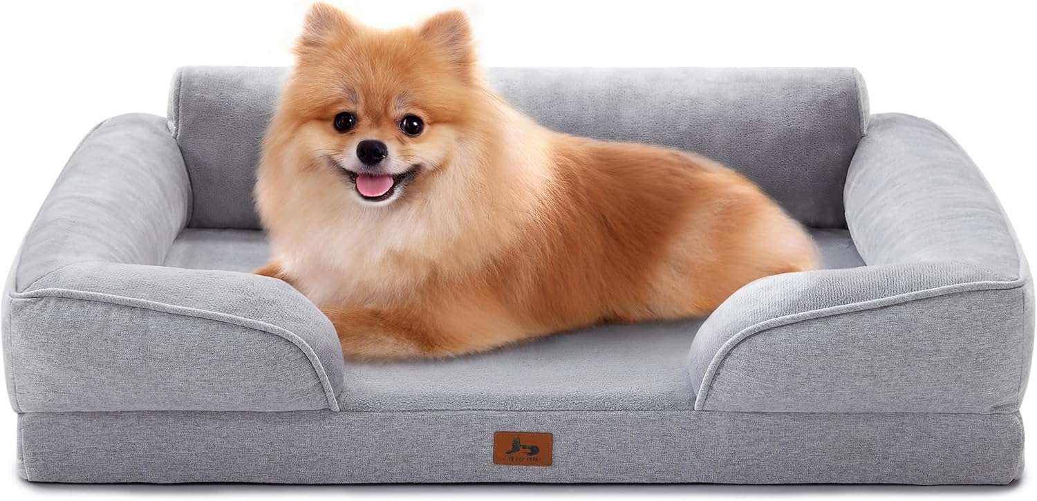 Cama sofá ortopédica para perros, con espuma de caja de huevos, tejido Sherpa impermeable y refuerzos de 4 lados para antiansiedad.