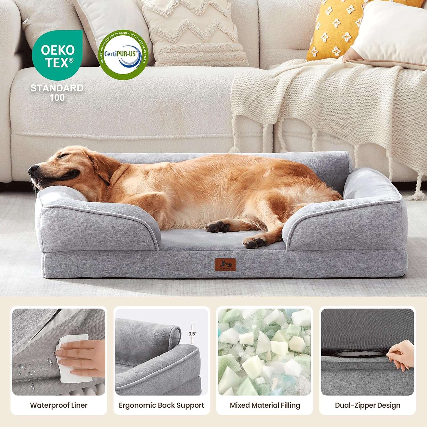 Cama sofá ortopédica para perros, con espuma de caja de huevos, tejido Sherpa impermeable y refuerzos de 4 lados para antiansiedad.