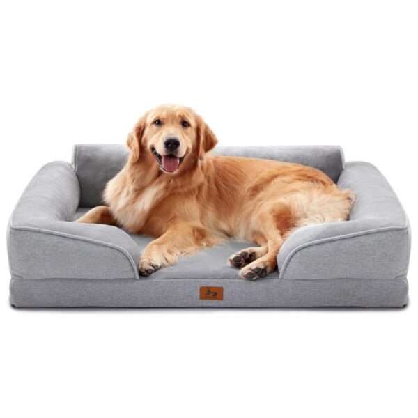 Cama sofá ortopédica para perros, con espuma de caja de huevos, tejido Sherpa impermeable y refuerzos de 4 lados para antiansiedad.