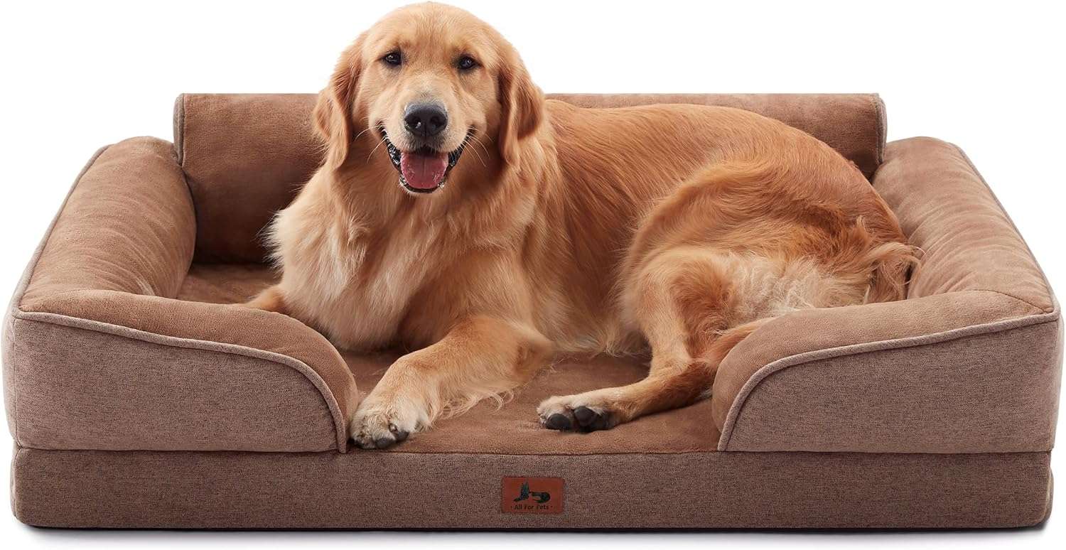 Cama sofá ortopédica para perros, con espuma de caja de huevos, tejido Sherpa impermeable y refuerzos de 4 lados para antiansiedad.