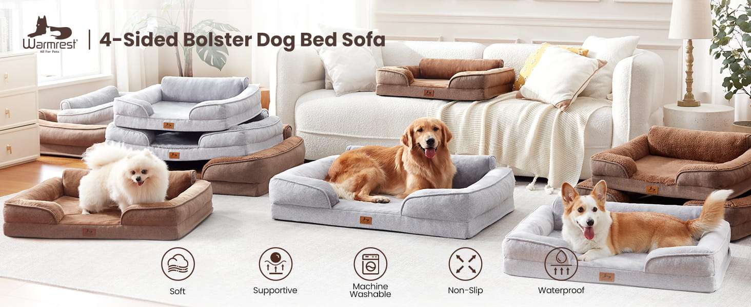 Cama sofá ortopédica para perros, con espuma de caja de huevos, tejido Sherpa impermeable y refuerzos de 4 lados para antiansiedad.