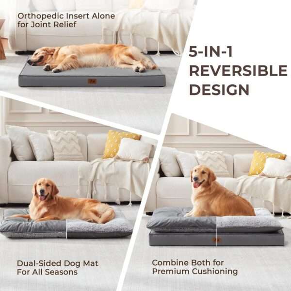 Cama para perro 5-en-1 de lujo, ortopédica con espuma gruesa, base antiarañazos e impermeable. Diseño reversible de doble cara para frío y calor.