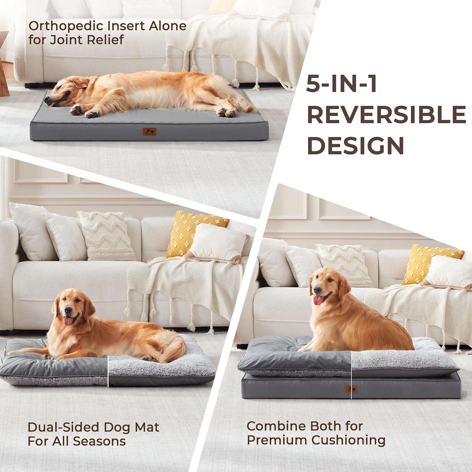 Cama para perro 5-en-1 de lujo, ortopédica con espuma gruesa, base antiarañazos e impermeable. Diseño reversible de doble cara para frío y calor.