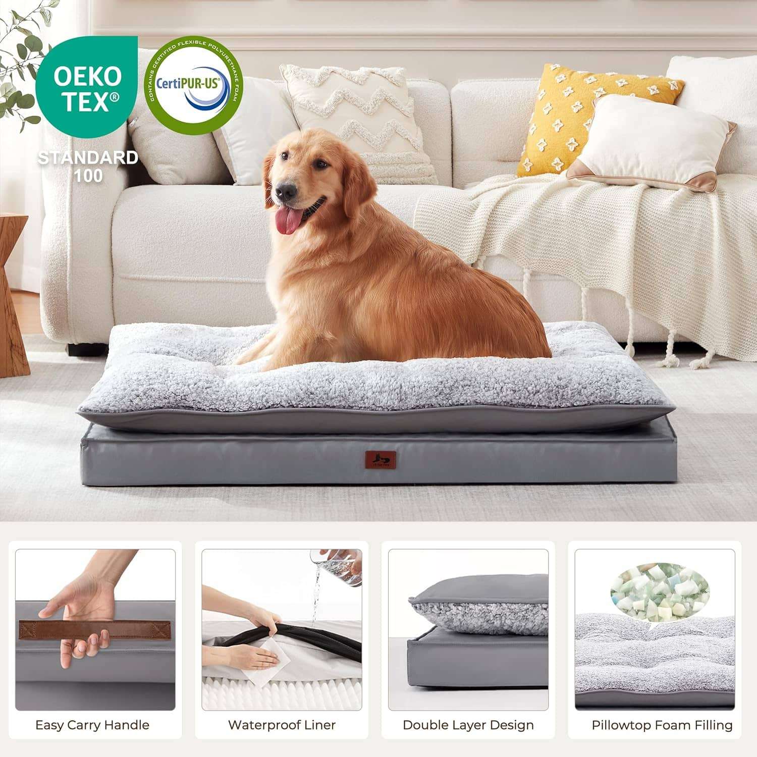 Cama para perro 5-en-1 de lujo, ortopédica con espuma gruesa, base antiarañazos e impermeable. Diseño reversible de doble cara para frío y calor.