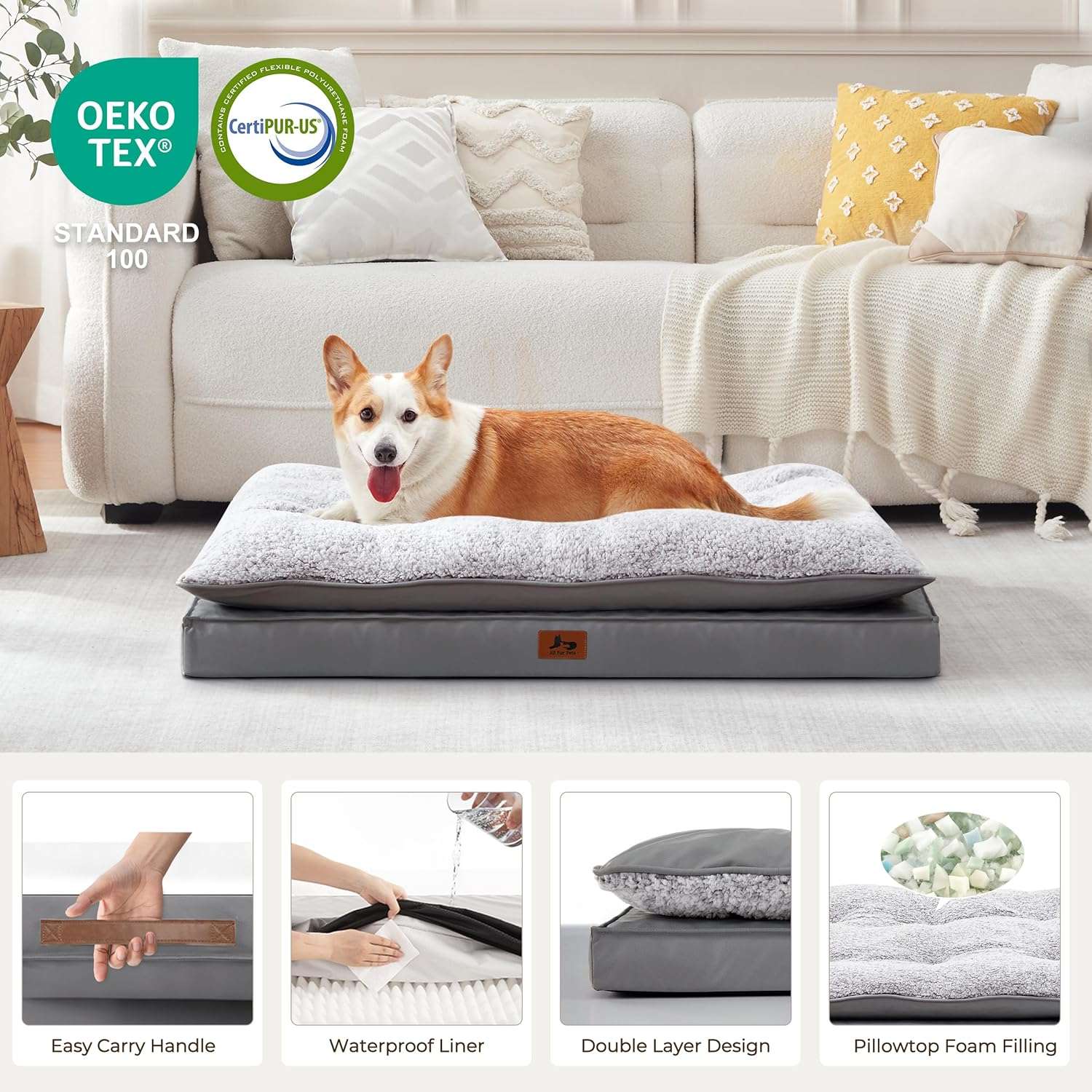 Cama para perro 5-en-1 de lujo, ortopédica con espuma gruesa, base antiarañazos e impermeable. Diseño reversible de doble cara para frío y calor.