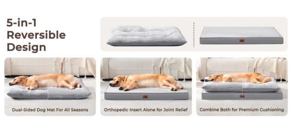 Cama para perro 5-en-1 de lujo, ortopédica con espuma gruesa, base antiarañazos e impermeable. Diseño reversible de doble cara para frío y calor.