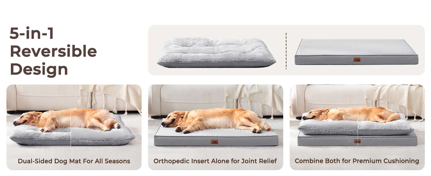 Cama para perro 5-en-1 de lujo, ortopédica con espuma gruesa, base antiarañazos e impermeable. Diseño reversible de doble cara para frío y calor.