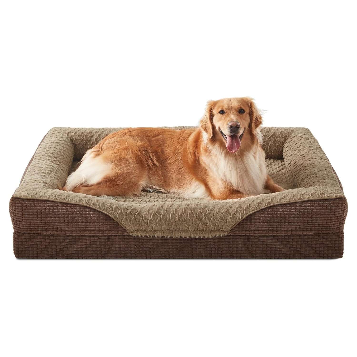 Cama ortopédica para perro, con colchón viscoelástico de $8.9 \text{ cm}$, forro impermeable, bordes de soporte para cuello y funda lavable a máquina.