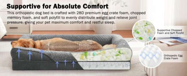 Cama ortopédica para perro, con colchón viscoelástico de $8.9 \text{ cm}$, forro impermeable, bordes de soporte para cuello y funda lavable a máquina.