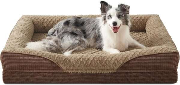 Cama ortopédica para perro, con colchón viscoelástico de $8.9 \text{ cm}$, forro impermeable, bordes de soporte para cuello y funda lavable a máquina.