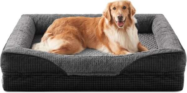 Cama ortopédica para perro, con colchón viscoelástico de $8.9 \text{ cm}$, forro impermeable, bordes de soporte para cuello y funda lavable a máquina.
