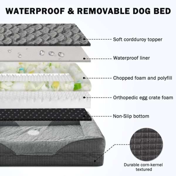 Cama ortopédica para perro, con colchón viscoelástico de $8.9 \text{ cm}$, forro impermeable, bordes de soporte para cuello y funda lavable a máquina.
