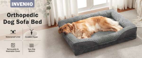 Cama ortopédica para perro, con colchón viscoelástico de $8.9 \text{ cm}$, forro impermeable, bordes de soporte para cuello y funda lavable a máquina.