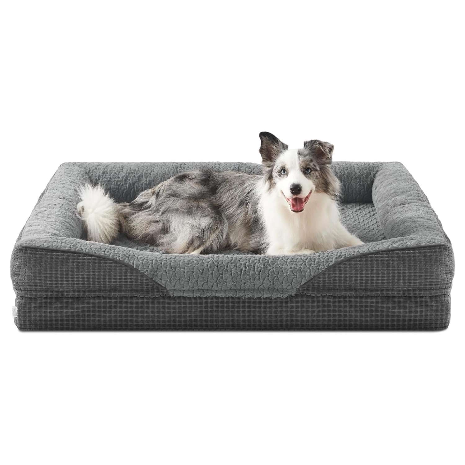 Cama ortopédica para perro, con colchón viscoelástico de $8.9 \text{ cm}$, forro impermeable, bordes de soporte para cuello y funda lavable a máquina.