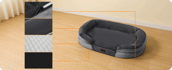 Cama ortopédica para perro, con colchón viscoelástico reversible de 3 pulgadas y funda totalmente impermeable y lavable. Ideal para perros mayores en Chile.