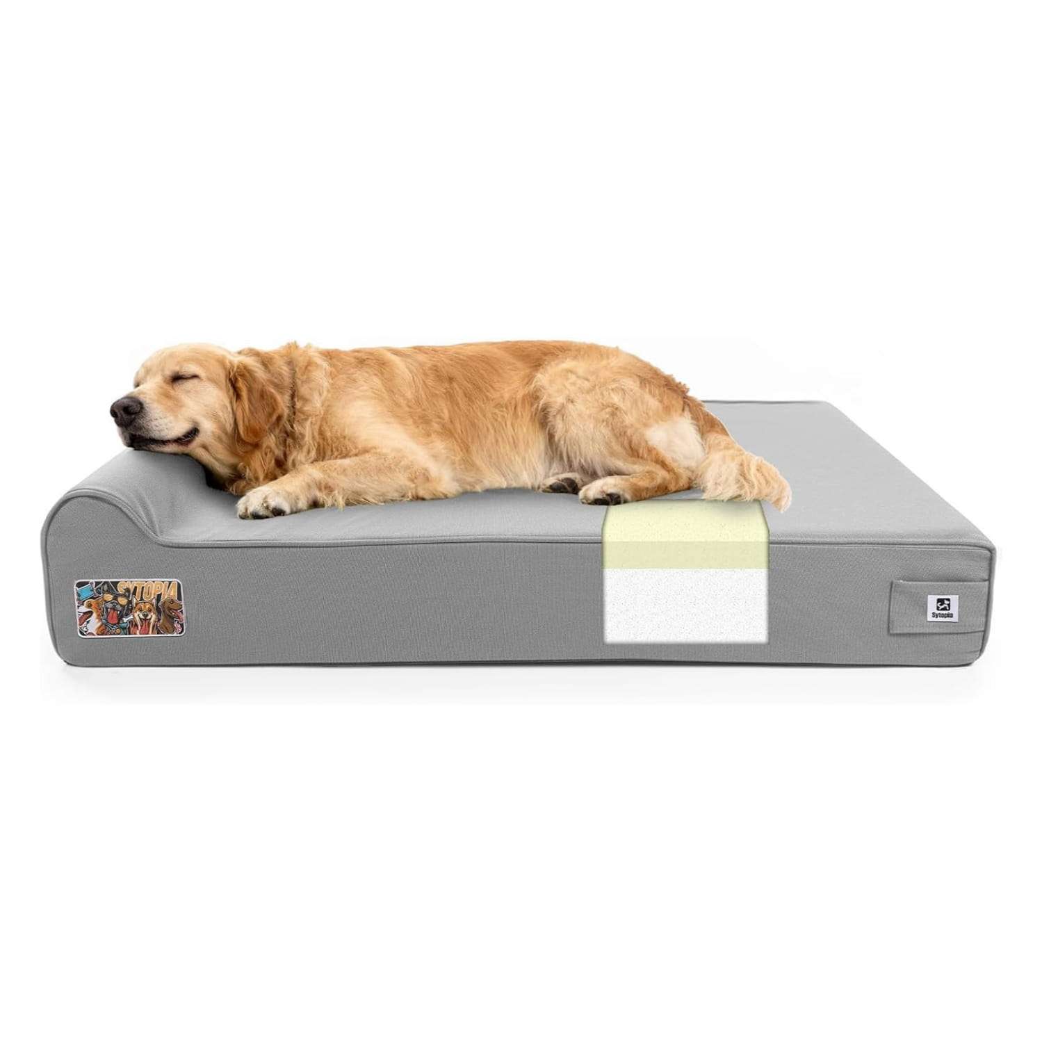 Cama sofá ortopédica XL para perro grande, 127×86 cm. Espuma de alta densidad, borde reforzado, entrada baja y forro impermeable.