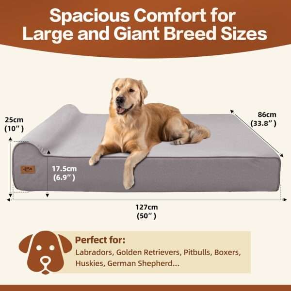Cama sofá ortopédica XL para perro grande, 127×86 cm. Espuma de alta densidad, borde reforzado, entrada baja y forro impermeable.