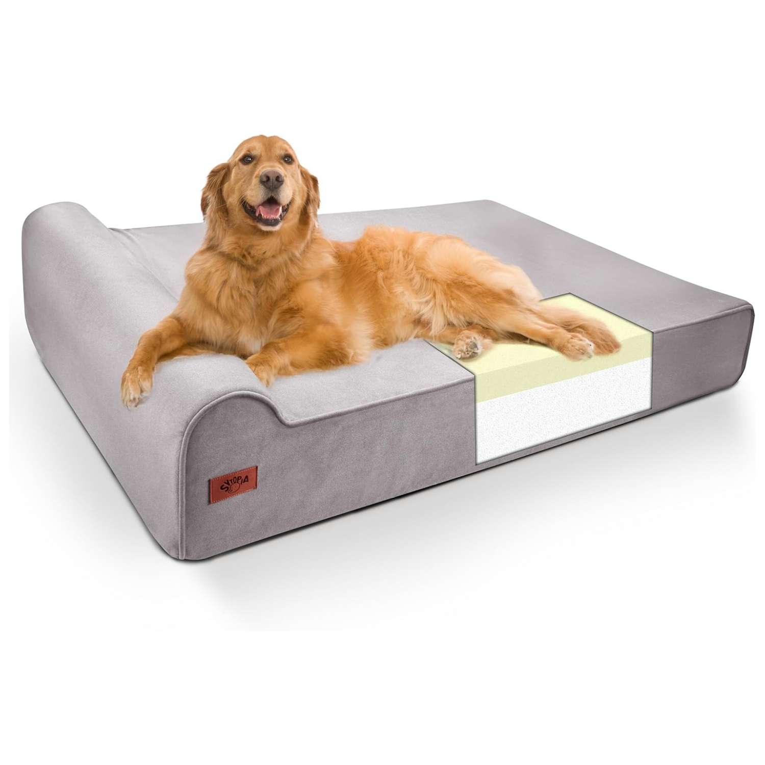 Cama sofá ortopédica XL para perro grande, 127×86 cm. Espuma de alta densidad, borde reforzado, entrada baja y forro impermeable.
