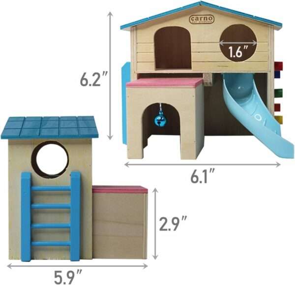 Casa de madera ecológica de 3 pisos con campana para Hámster (6.1x5.9x6.2"). Incluye balcón, escalera y gimnasio para ratones y jerbos.