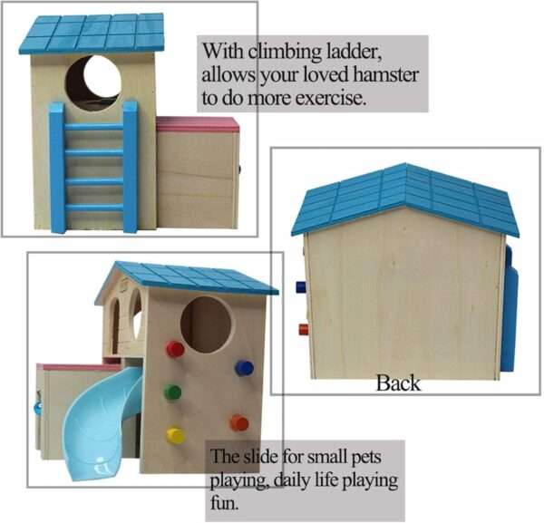 Casa de madera ecológica de 3 pisos con campana para Hámster (6.1x5.9x6.2"). Incluye balcón, escalera y gimnasio para ratones y jerbos.