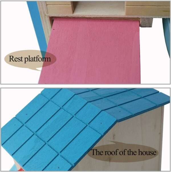 Casa de madera ecológica de 3 pisos con campana para Hámster (6.1x5.9x6.2"). Incluye balcón, escalera y gimnasio para ratones y jerbos.