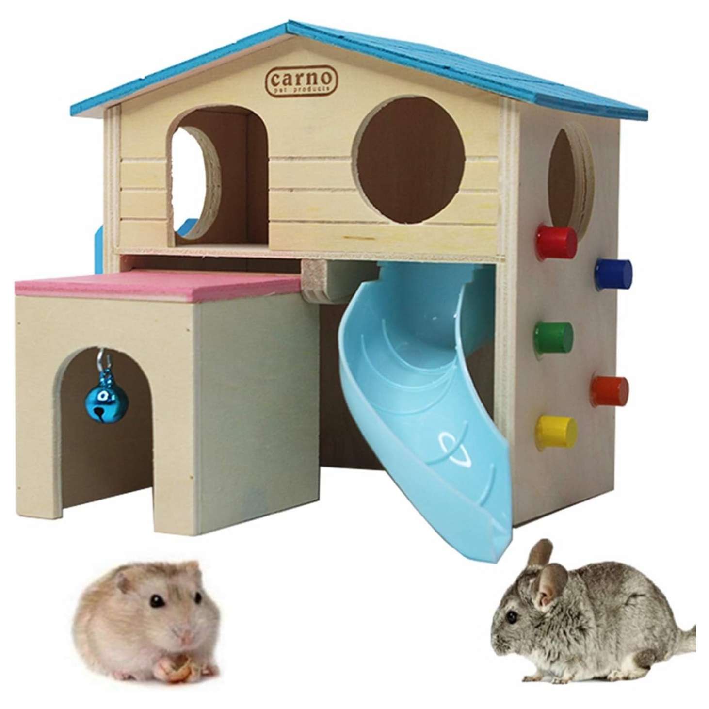 Casa de madera ecológica de 3 pisos con campana para Hámster (6.1x5.9x6.2"). Incluye balcón, escalera y gimnasio para ratones y jerbos.